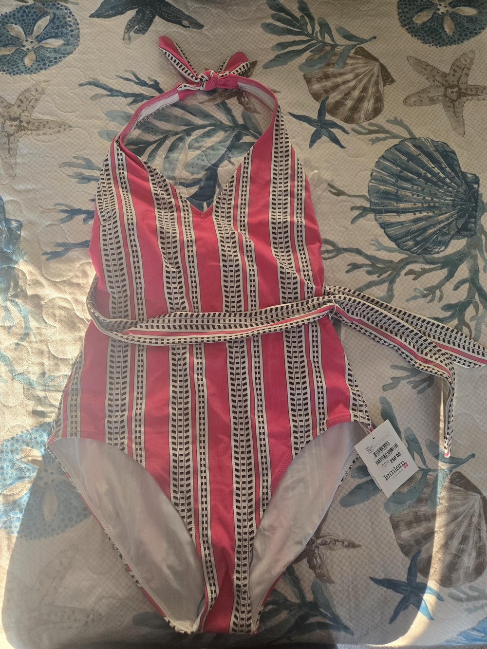 Lemlem Pink and White Striped Halter One-Piece Swimsuit